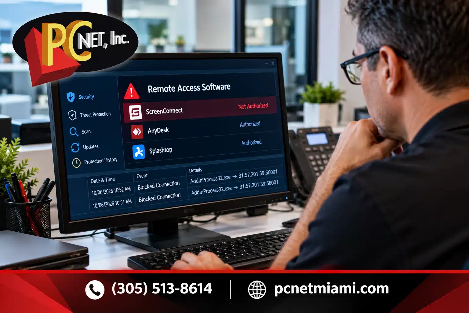 unauthorized-remote-access-business-computer-pc-net PC Net investigating unauthorized remote access software and suspicious security activity on a business computer in Miami.